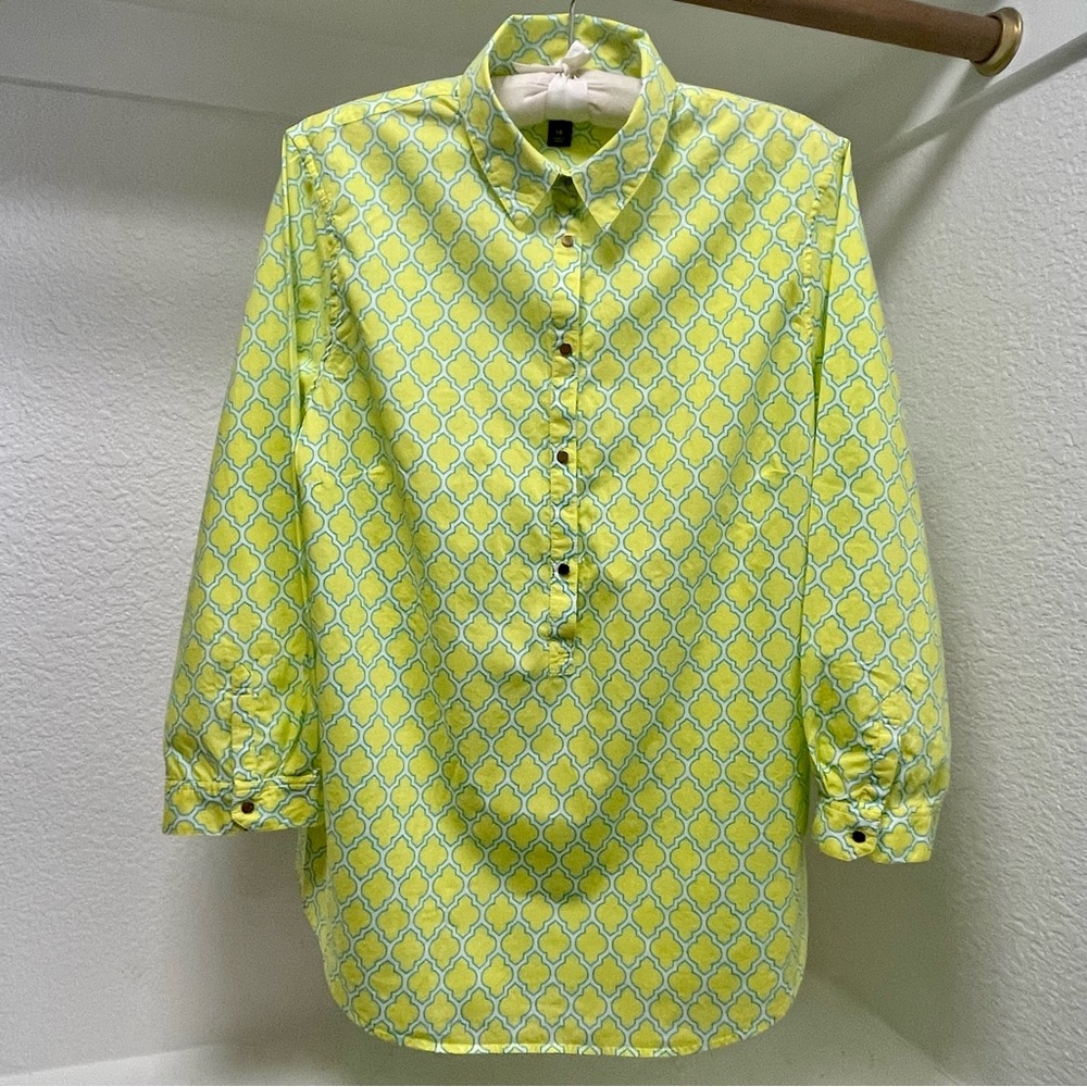 Lands End • Festive Geometric Neon Button Lightweight Baumwolle Shirt Sz 14